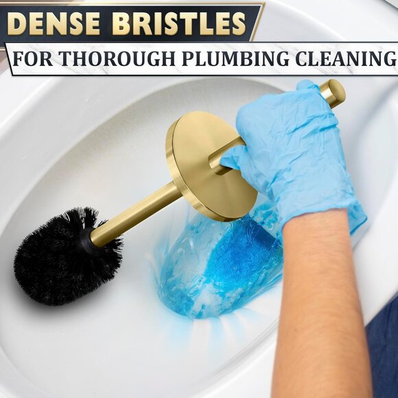 Gold Stainless Steel Toilet Brush and Holder Set Replaceable Head Dense Bristles - Picture 5 of 9